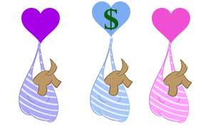 3 dogs in bags with just their bottoms showing and hearts above each bag with a dollar sign in the middle heart