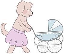 Legendary Labradoodles current litters logo dog pushing baby buggy