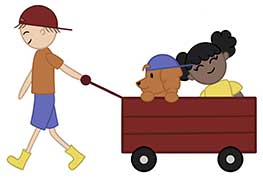 boy pulling wagon containing dog and little girl
