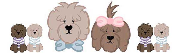 heads of mom and dad Australian Labradoodles and 8 baby labradoodles cartoon